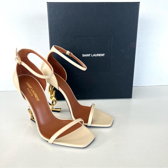 SAINT LAURENT Opyum Beige Leather Ankle Strap Open Toe Heel Sandals Sz 38.5 NWT - Picture 2 of 12